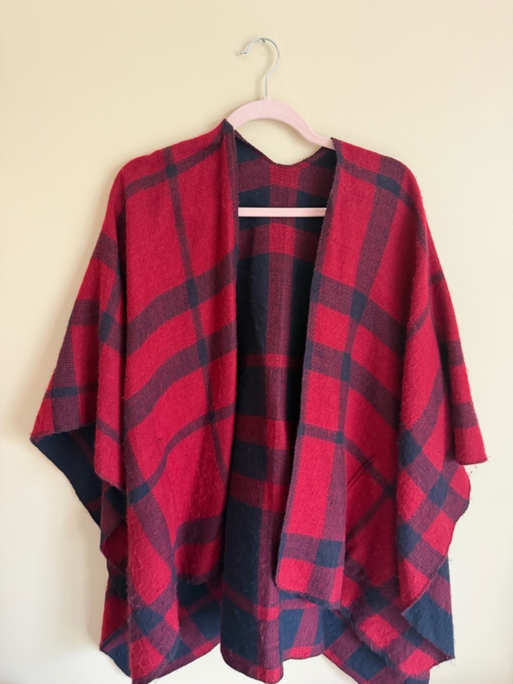 Red and Black Plaid Open Poncho